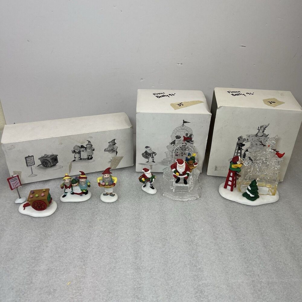 3 Dept 56 Heritage Village Xmas Accessories A Busy Elf Snow Cone Elves & Santa